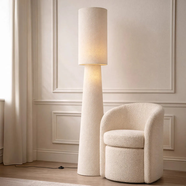 Japandi vloerlamp Trompet beige teddy stof 2-lichts