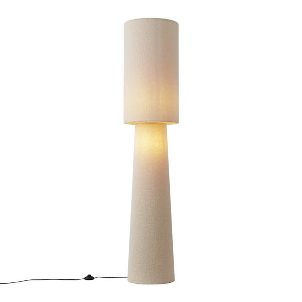 Japandi vloerlamp Trompet detail teddy stof textuur