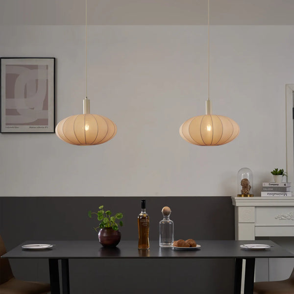 Japandi hanglamp Bida beige 2-lichts stoffen kap
