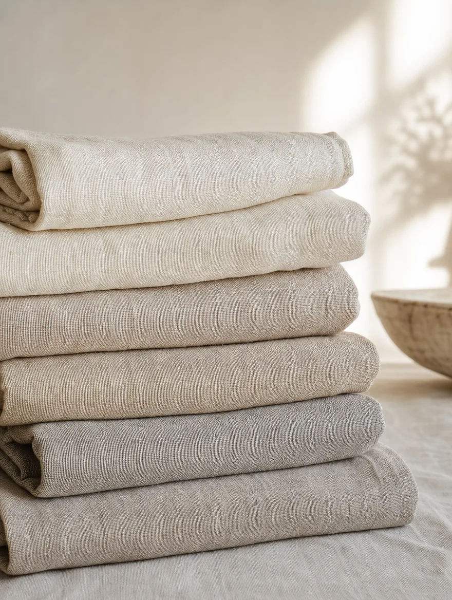 Detail van warm walnoothout naast linnen textiel in gebroken wit