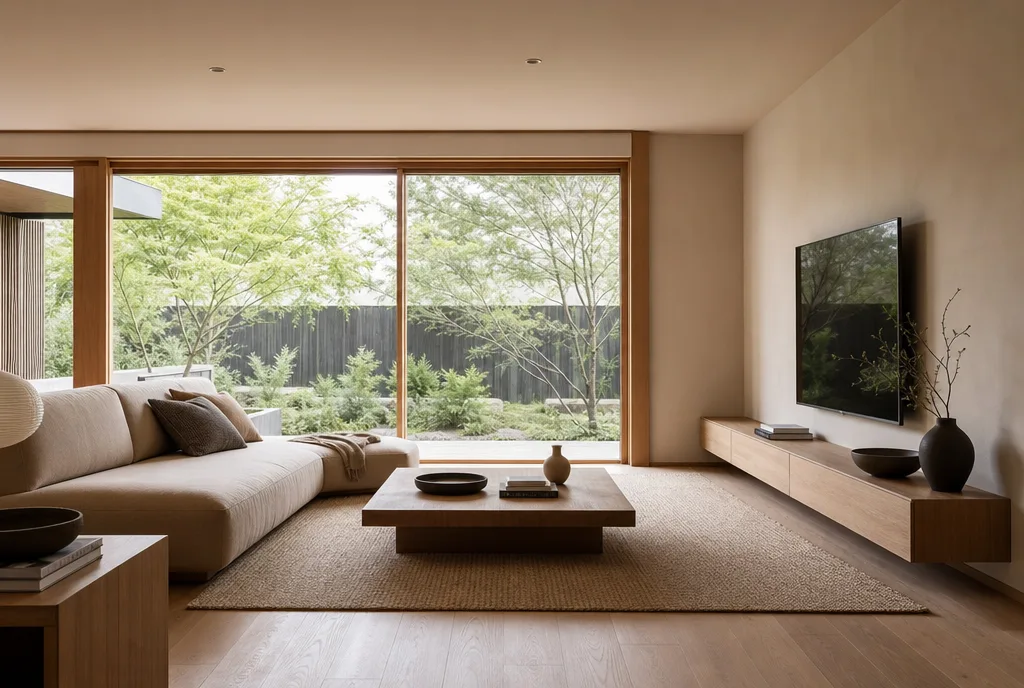 Japandi interieur met lage horizontale meubellijn, warm hout en een rustig neutraal palet