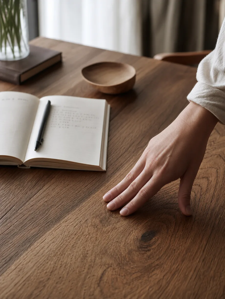 Hand voelt aan de houtnerf van een eiken tafelblad naast een opengeslagen notitieboek