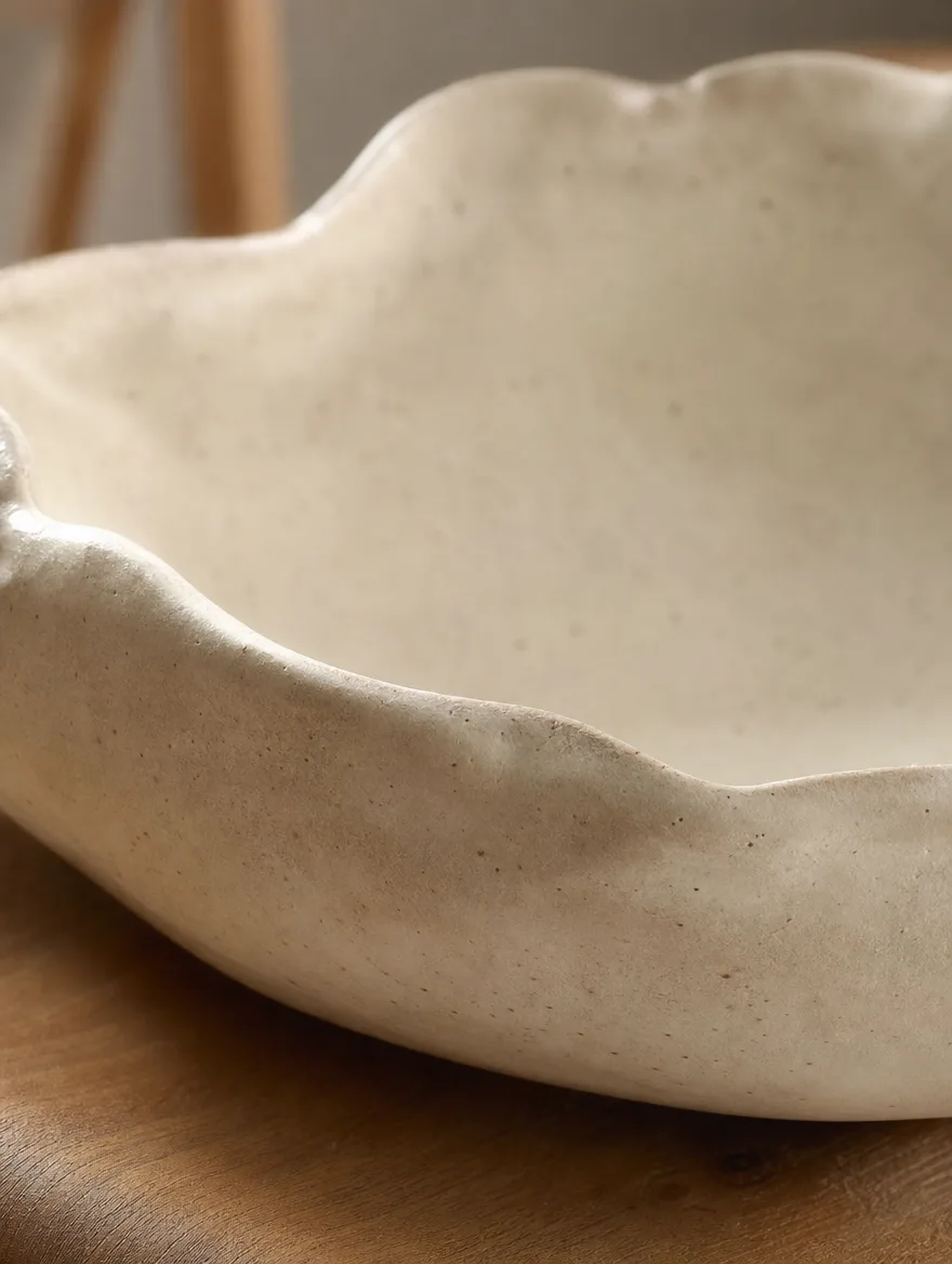 Detail van een handgemaakt keramisch object met onregelmatige vorm