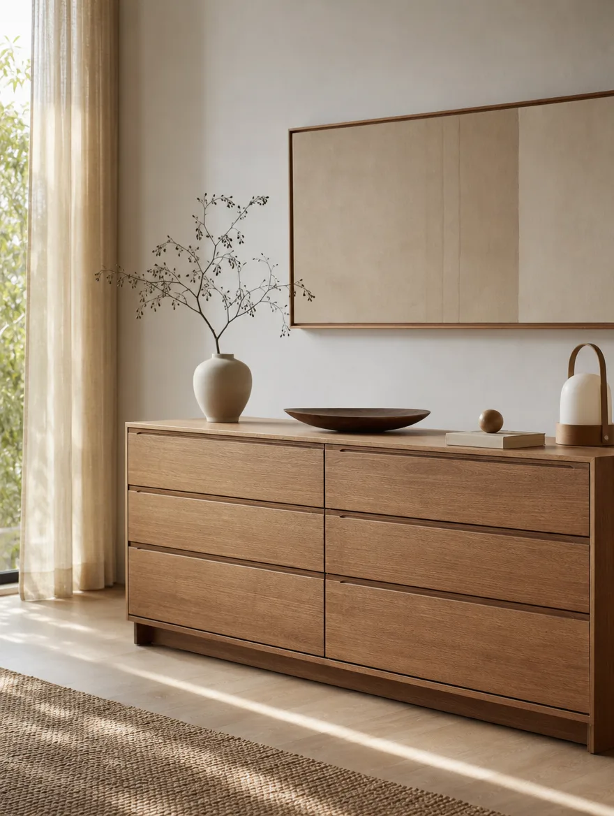 Rustig gestylede dressoir met een paar Japandi accessoires