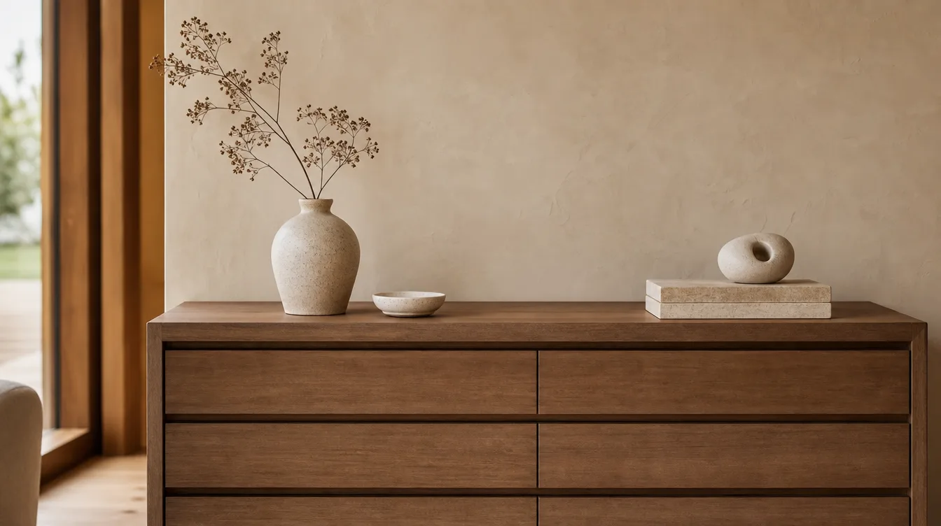 Dressoir met drie Japandi accessoires van keramiek en travertijn met veel lege ruimte
