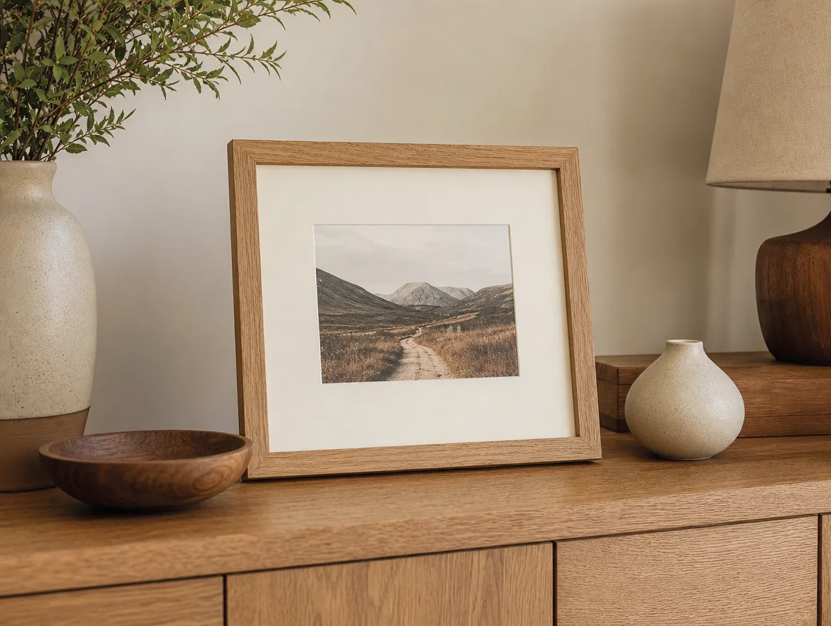 Eiken fotolijst met een brede passe-partout op een dressoir