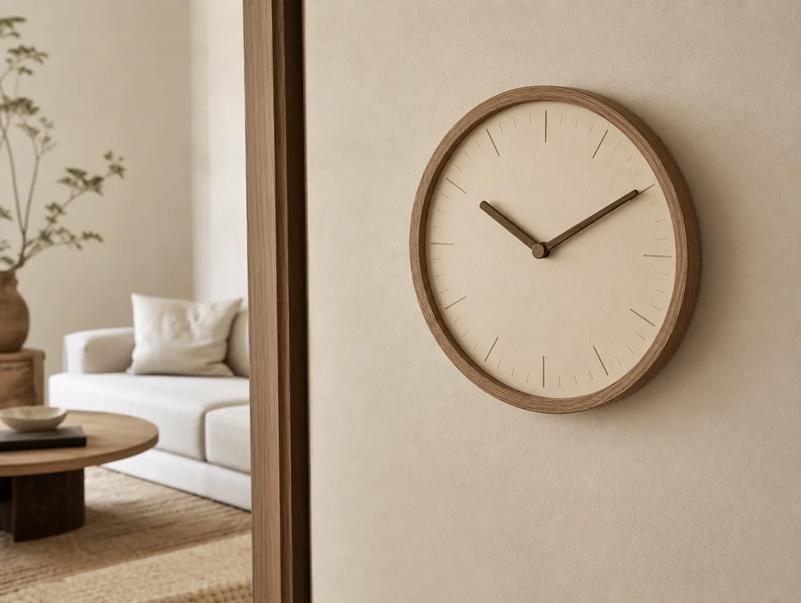 Strakke stille wandklok met een houten rand