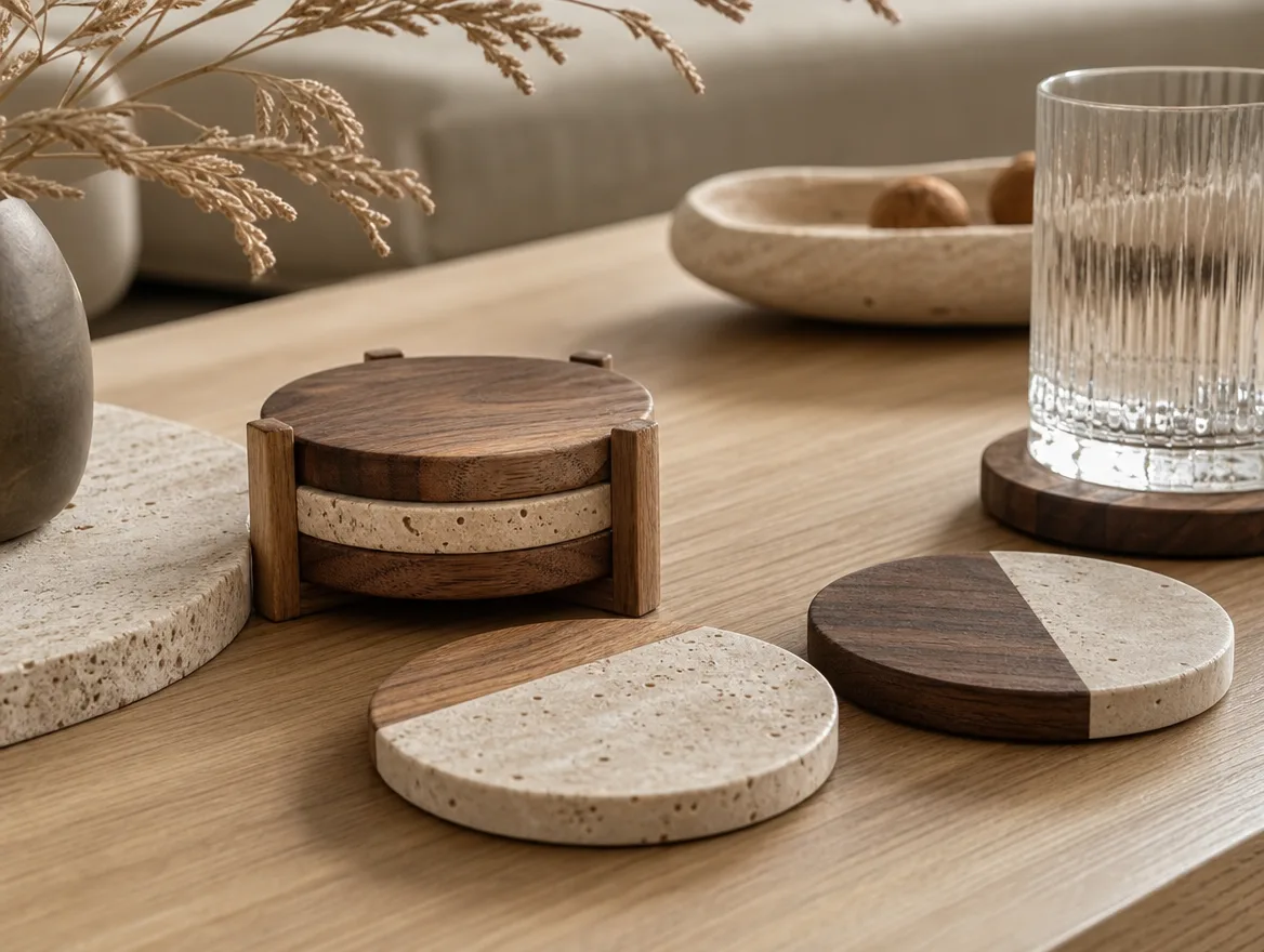 Set houten en stenen onderzetters op een tafel