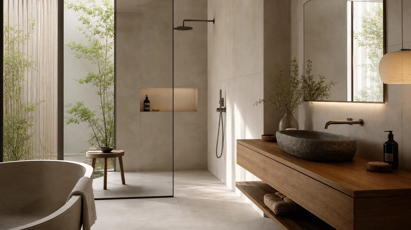 Japandi badkamer met teakhouten wastafelblad en matte betonlooktegels in zandtinten
