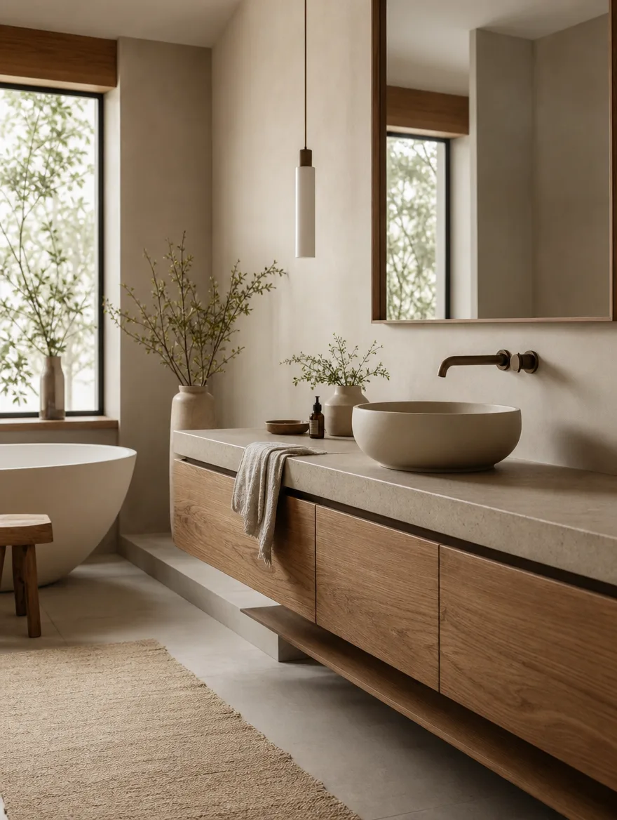 Rustige Japandi badkamer met zwevend houten meubel en matte kom