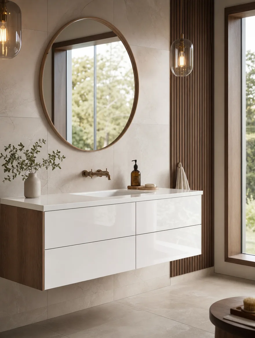 Hoogglans wit badmeubel met fineer-MDF en houtprint als afrader