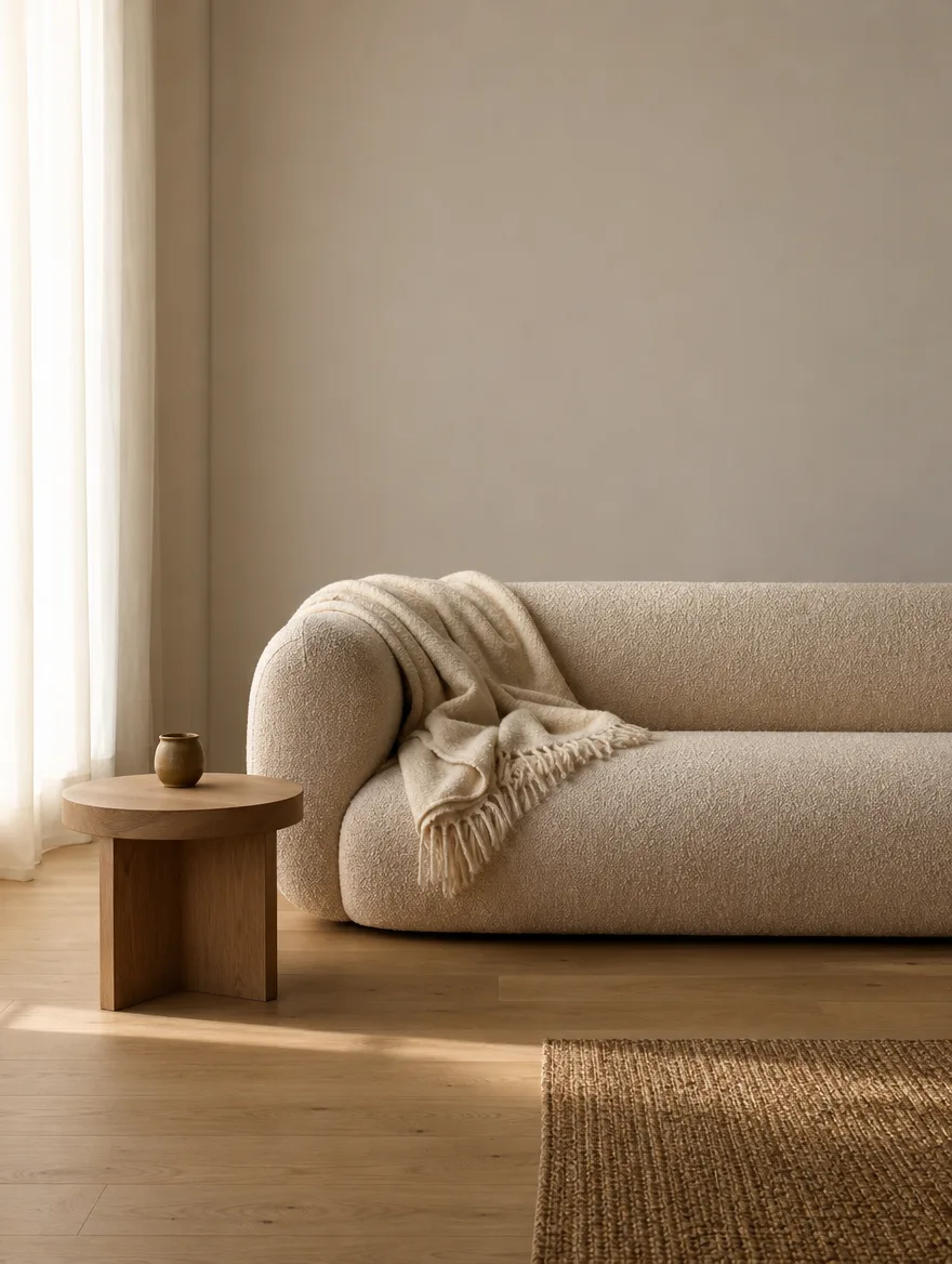 Lage beige bouclé bank met een wollen plaid en een rond eiken bijzettafeltje