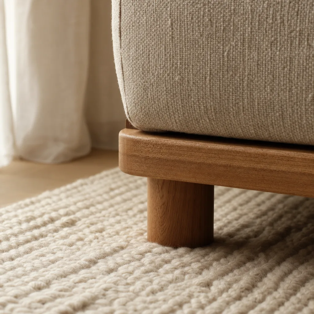 Detail van een lage houten bankpoot op een wollen vloerkleed