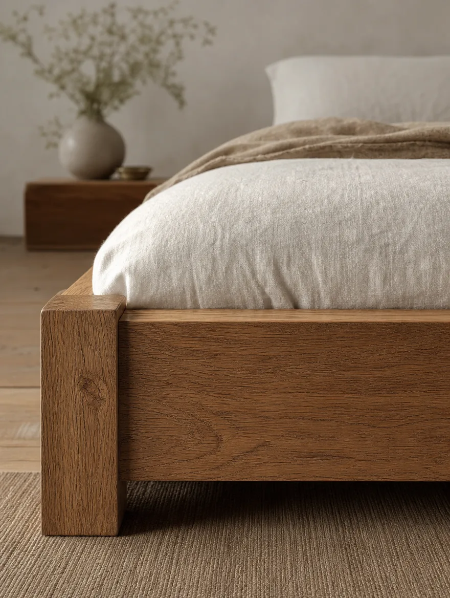Laag houten bedframe van dichtbij met zichtbare houtnerf