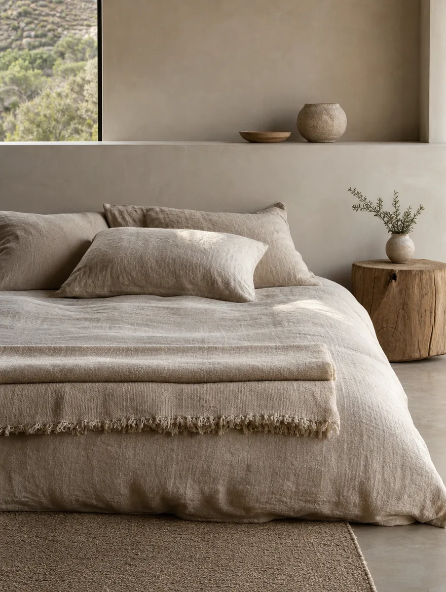 Linnen beddengoed in beige met een gevouwen plaid aan het voeteneind