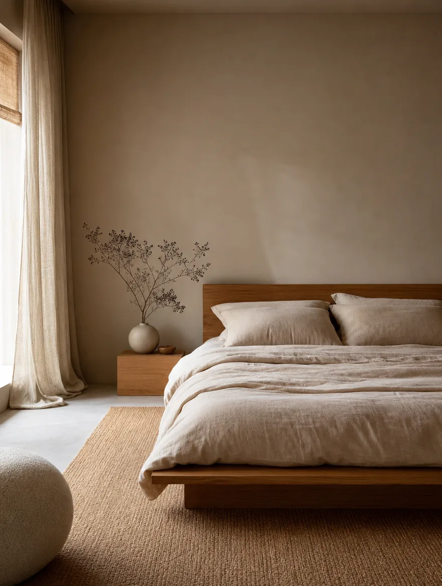 Rustige slaapkamer met een laag houten bed en veel witruimte
