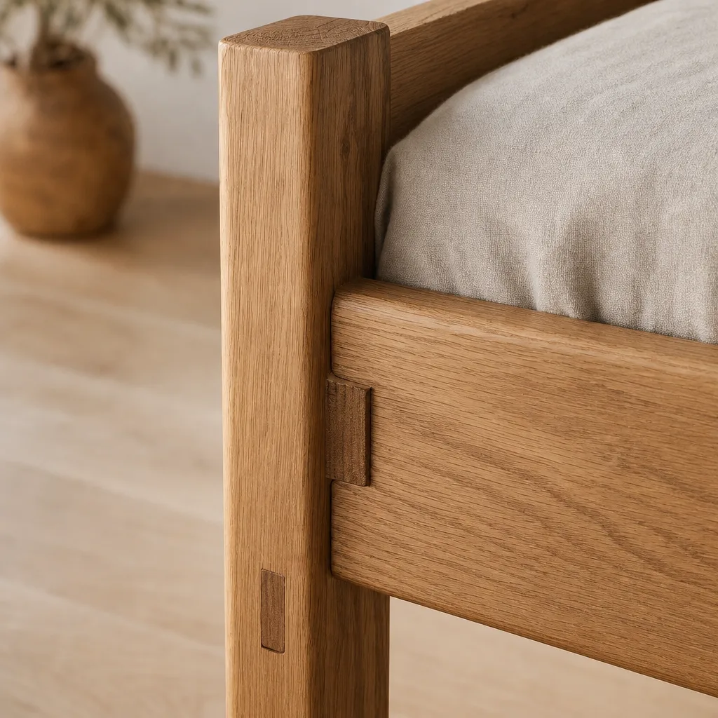 Detail van een geolied massief eiken bedframe-verbinding