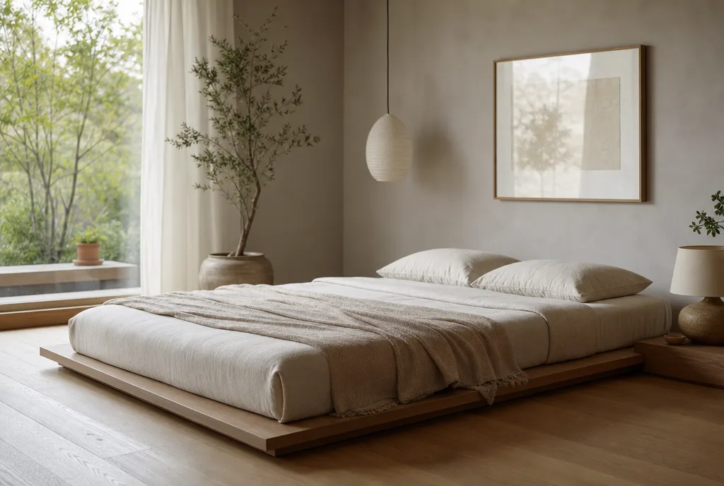 Laag platformbed met matras dicht bij de vloer in een rustige slaapkamer