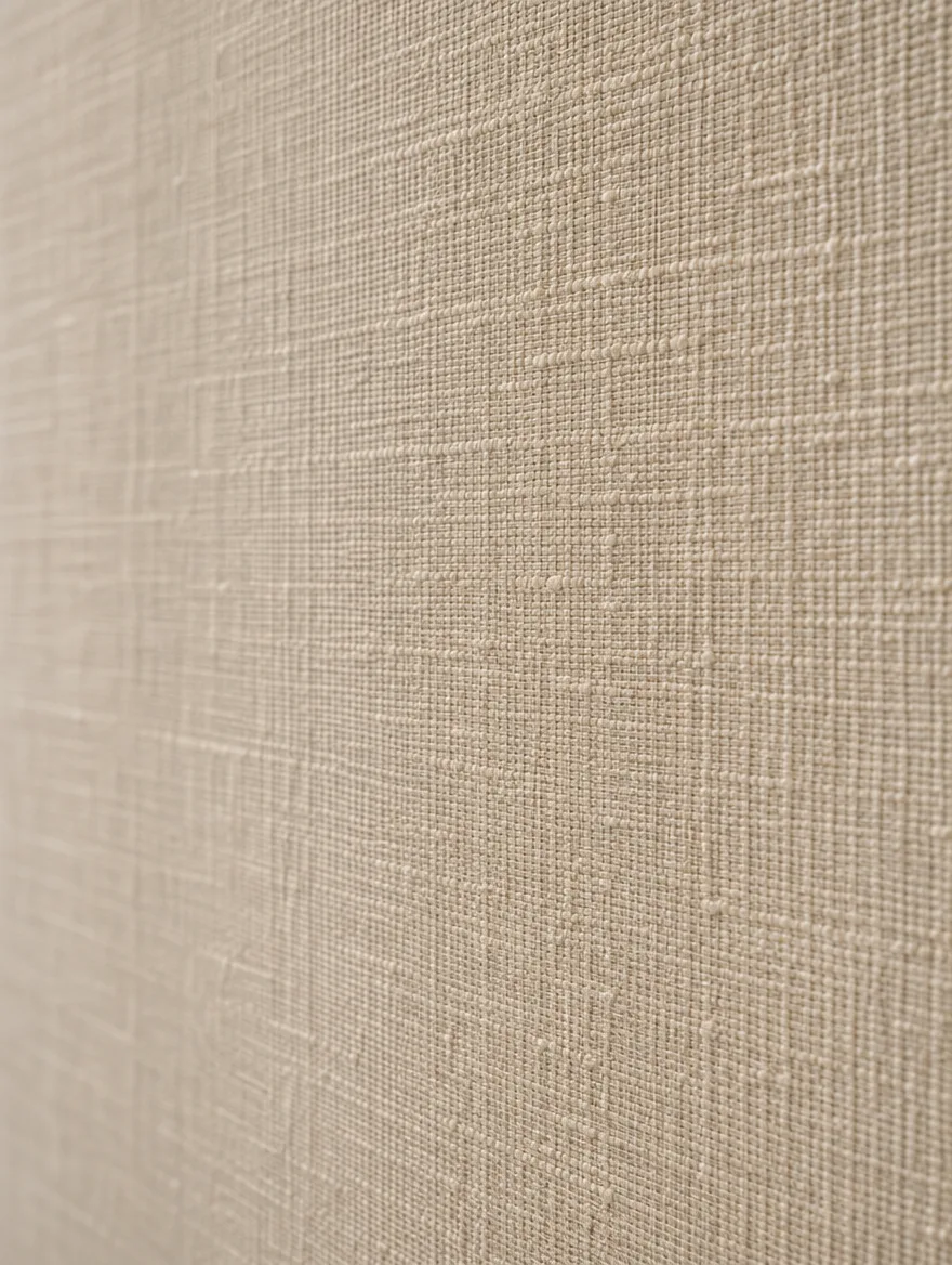 Detail van beige linnenlook behang met zichtbare geweven structuur
