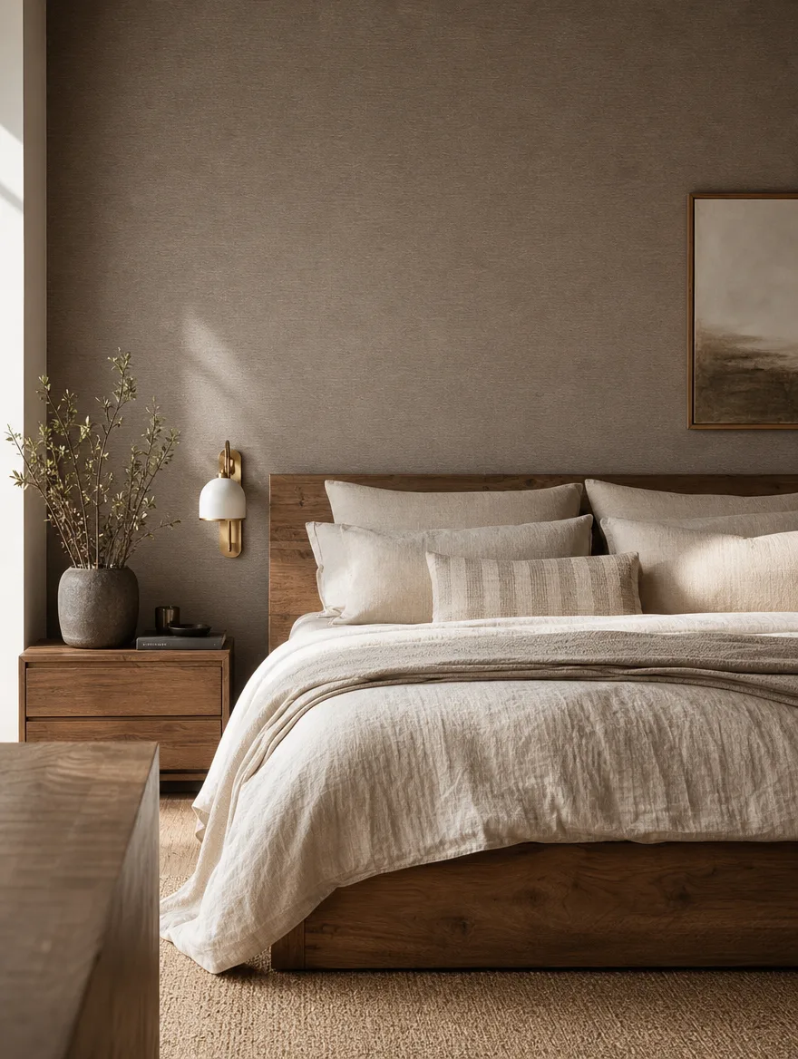 Slaapkamer met een taupe accentmuur achter een laag houten bed