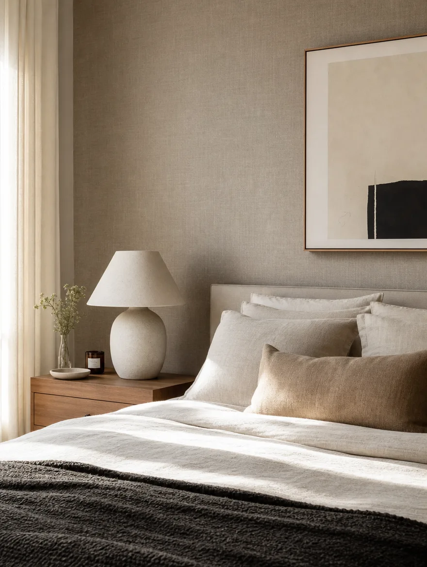 Accentmuur met linnenlook behang achter een bed met linnen beddengoed