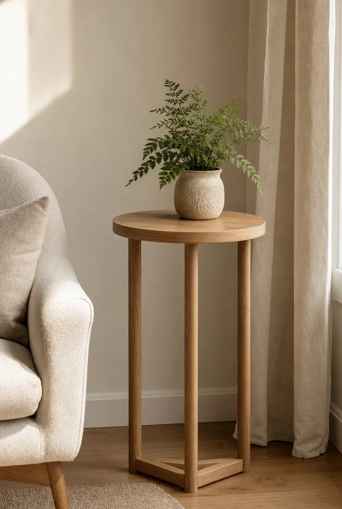 Smalle ronde bijzettafel in een hoek naast een fauteuil met een plant