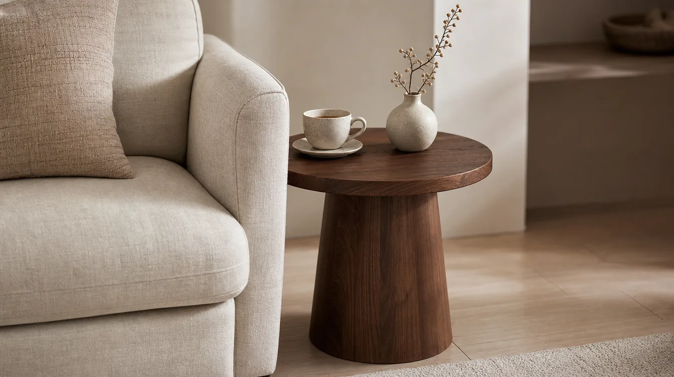 Ronde walnoot bijzettafel naast een lichte bank met een kopje en een kleine keramische vaas erop