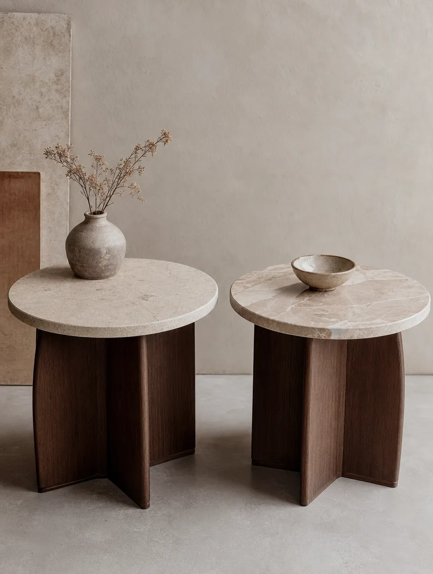 Bijzettafel met een matte echte steenlook naast een glanzend kunststof alternatief ter vergelijking