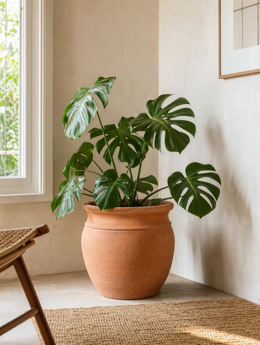 Grote terracotta bloempot met monstera in een lichte hoek met daglicht