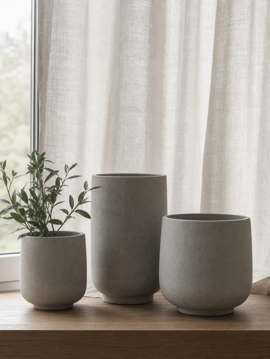 Drie keramieken bloempotten in verschillende hoogtes op een houten vensterbank