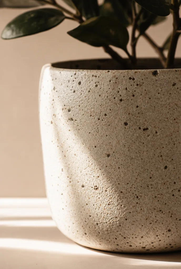 Detail van een gespikkelde steengoed bloempot met ruwe textuur