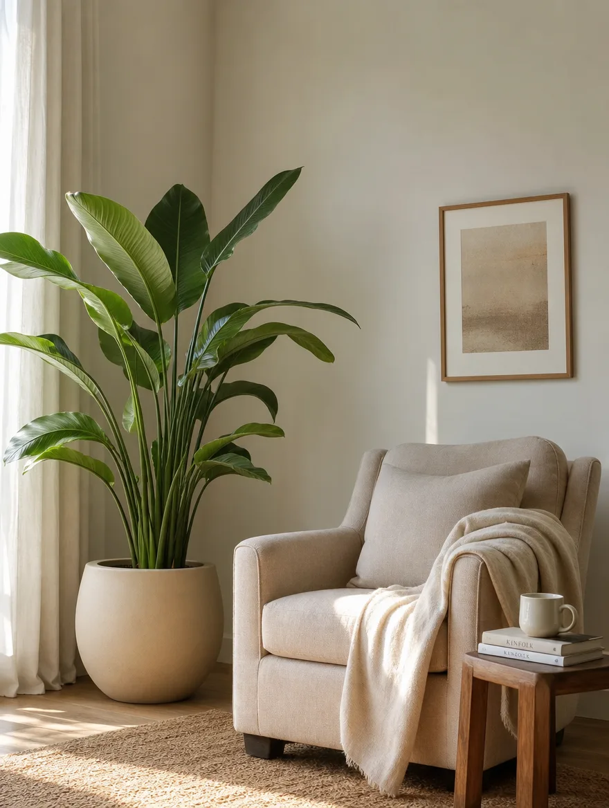 Rustige leeshoek met een grote kamerplant in een matte zandkleurige pot