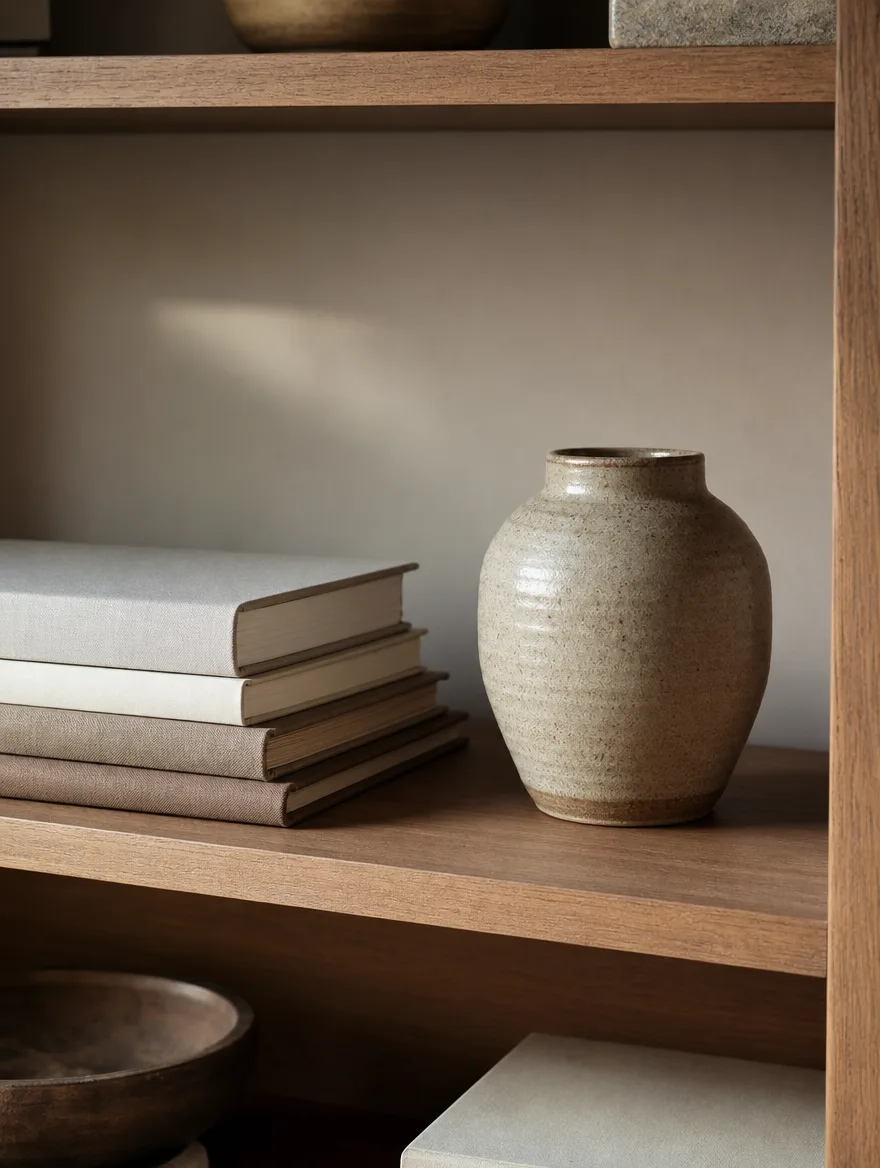 Detail van een open vak met liggende boekenstapel en een keramische vaas