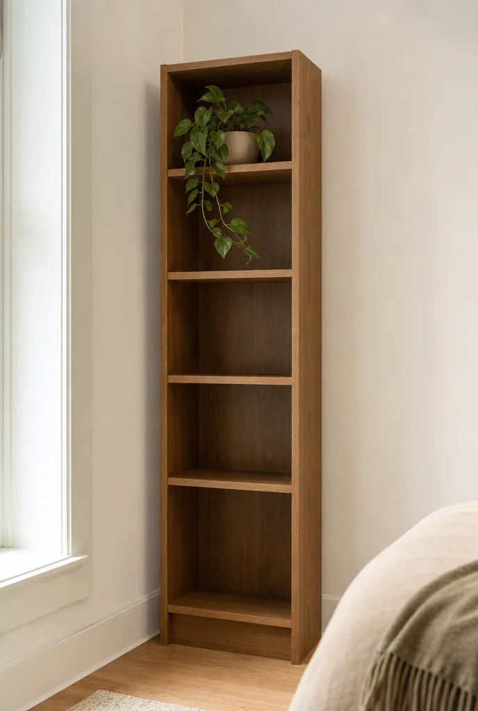 Smalle hoge boekenkast in een hoek met een plant op het bovenste vak