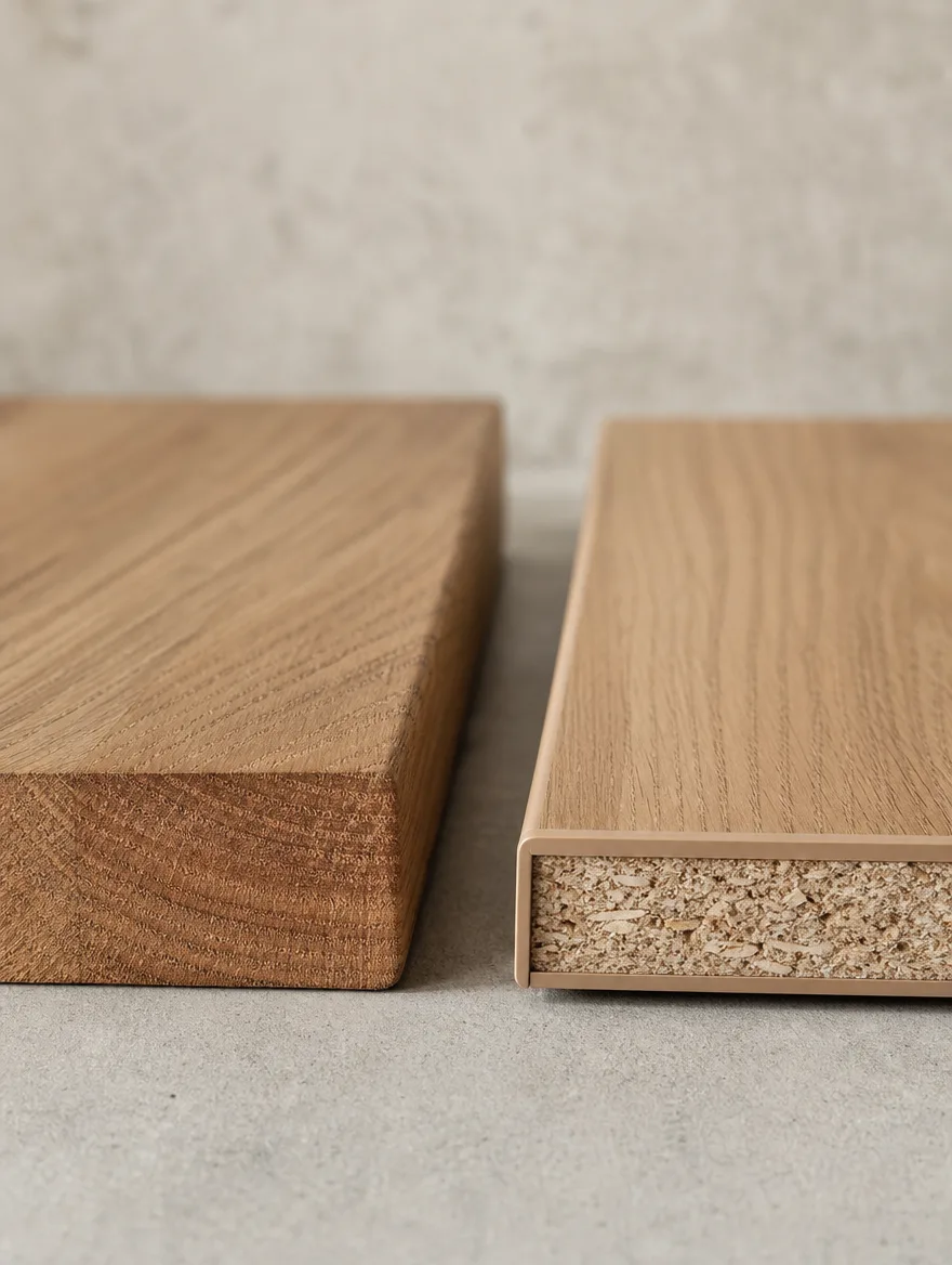 Vergelijking van een echte houten plank met een geprinte houtlook op spaanplaat