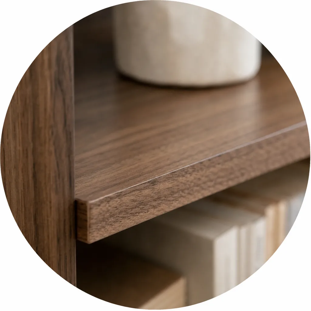 Rond detail van een walnoot plank met de nerf zichtbaar over de rand