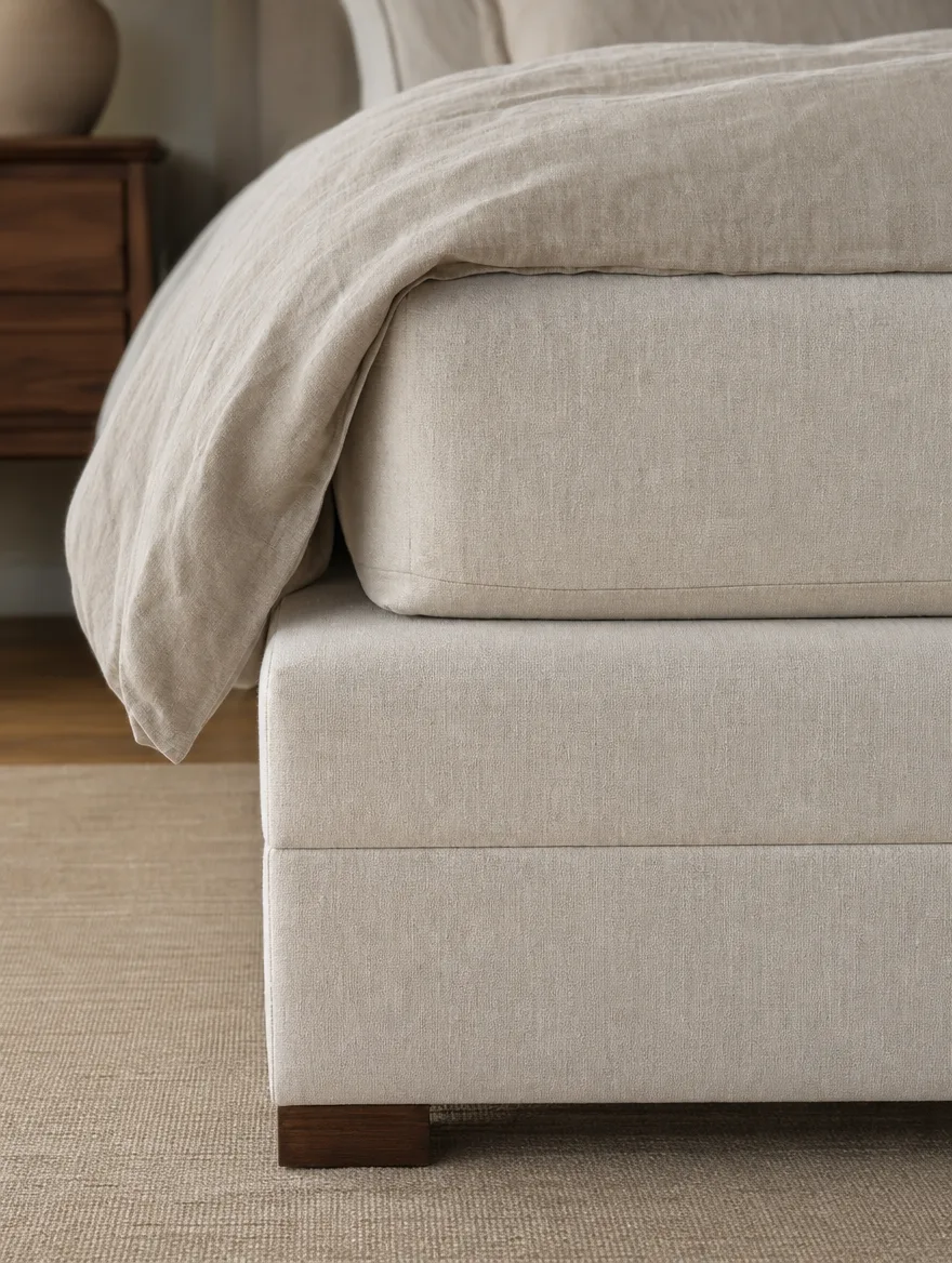 Detail van een linnen beklede boxspring in gebroken wit