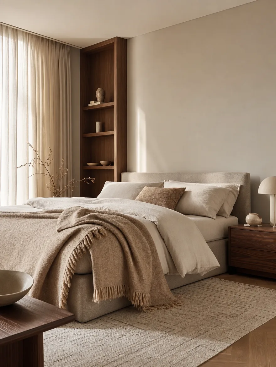 Boxspring met een laag hoofdbord en een wollen plaid in zandtinten