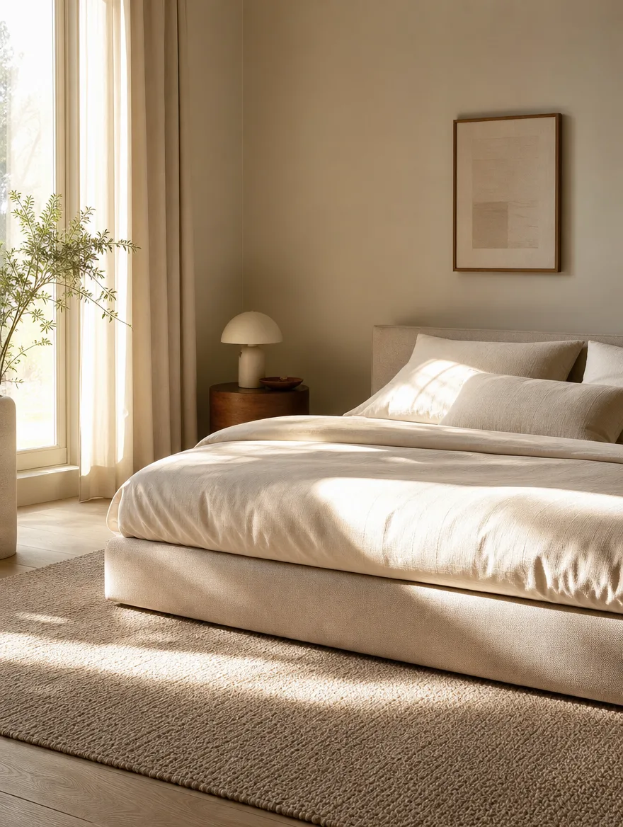 Rustige slaapkamer met een lage linnen boxspring in zandtinten