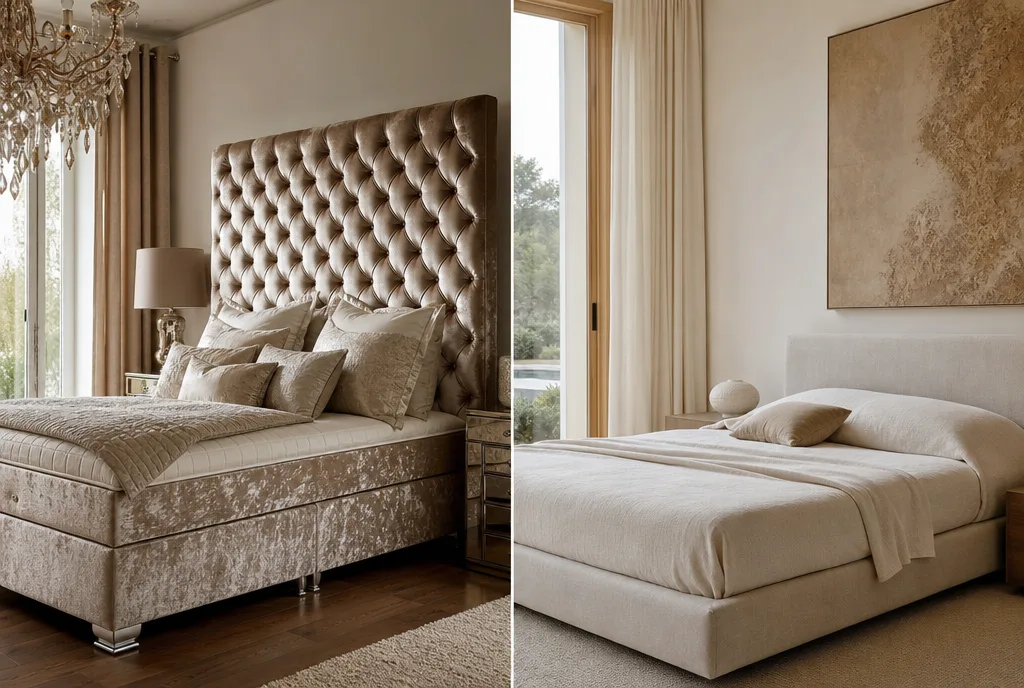 Hoge glanzende boxspring met capitonneer hoofdbord als voorbeeld van wat niet past