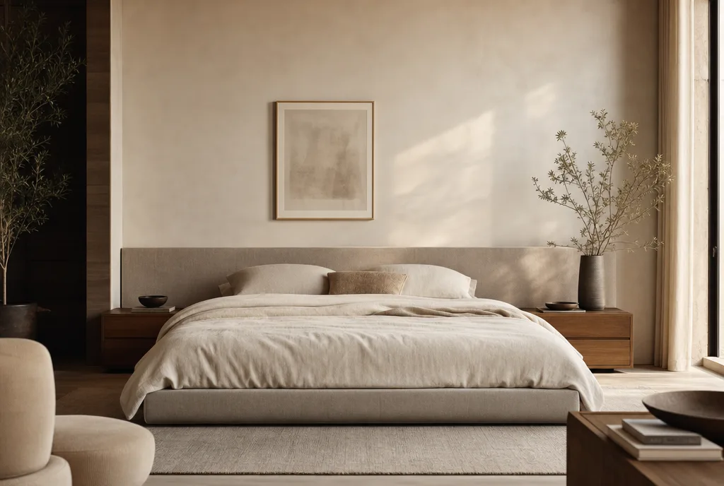Lage boxspring die de horizontale lijn in de slaapkamer rustig houdt