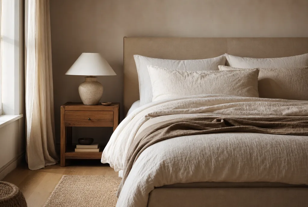 Boxspring met linnen beddengoed en een enkele houten nachtkast