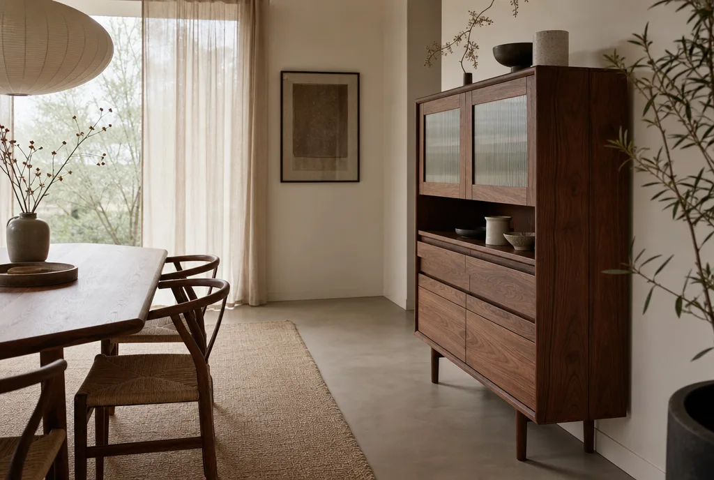 Buffetkast naast een eettafel met ruime loopruimte ertussen in een lichte eetkamer