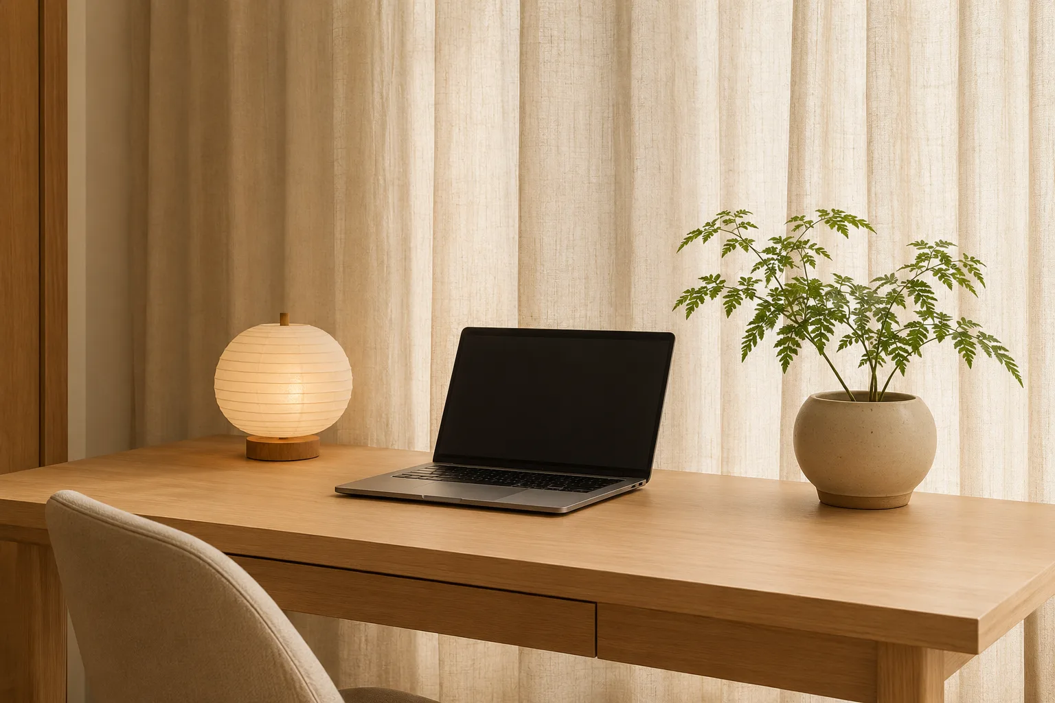Opgeruimde Japandi werkplek met laptop, kleine tafellamp en een plant, zonder zichtbare kabels