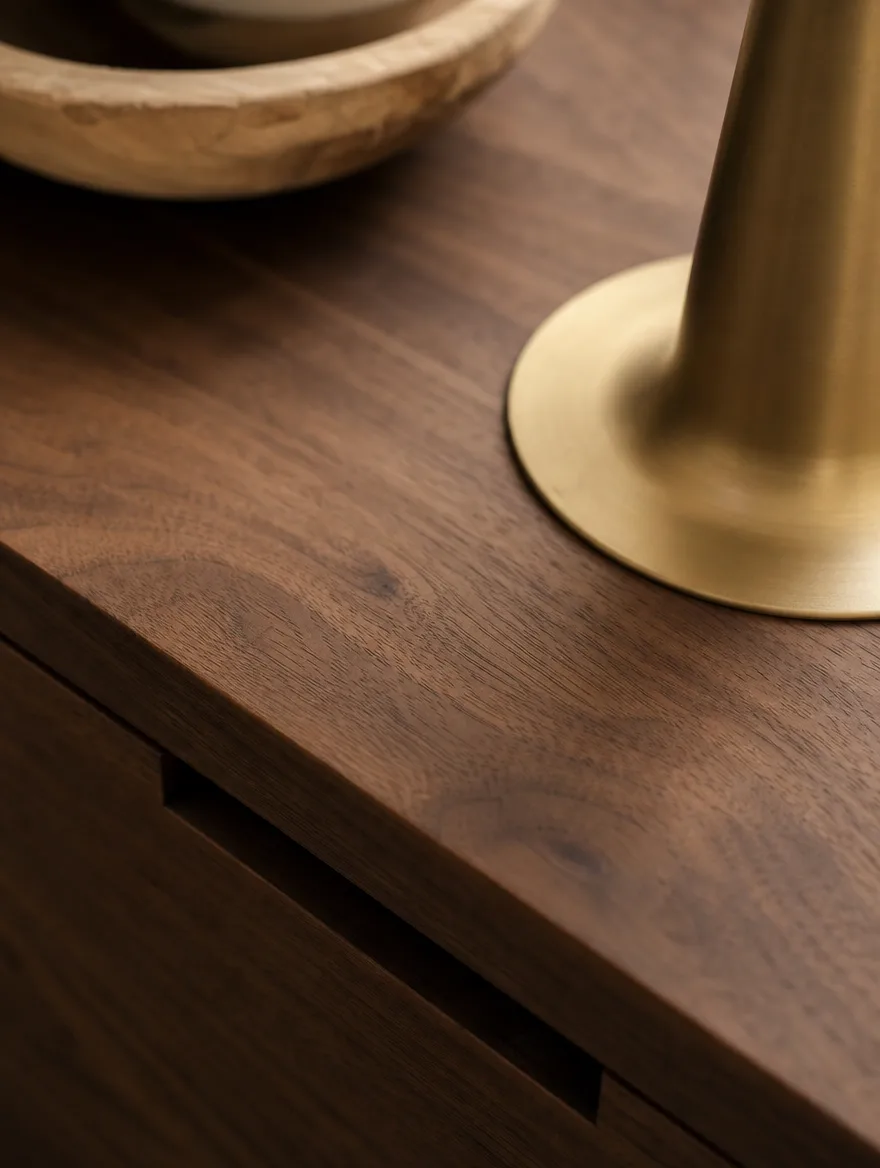 Detail van een walnoot oppervlak met een mat messing object