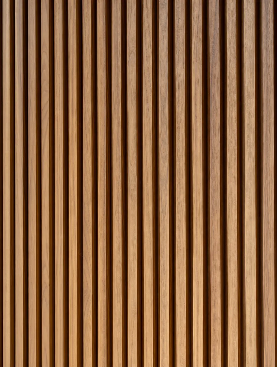 Detail van een walnoot lattenwand met fijn ritme van verticale latten