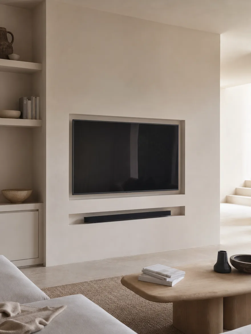 Cinewall in microcement in gebroken wit met een naadloos mat vlak rond de tv