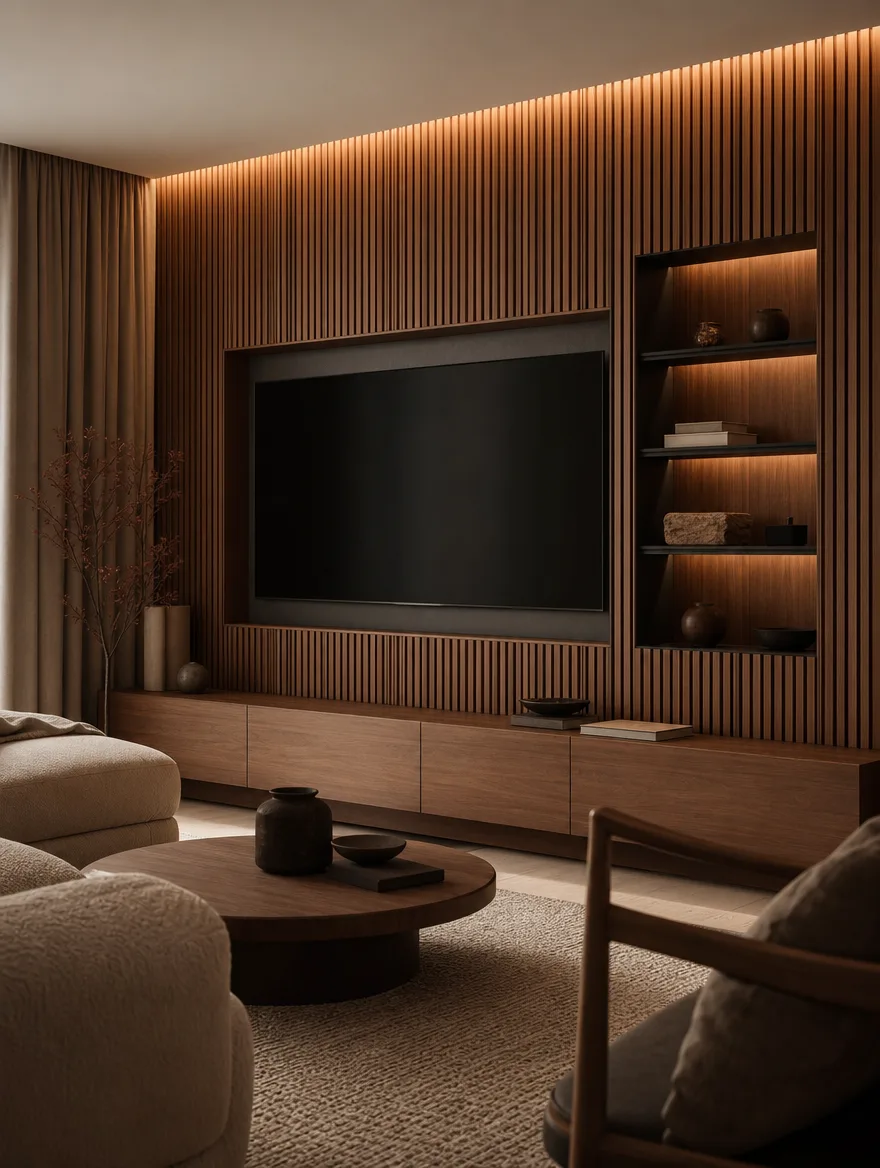 Rustige woonkamer met een Japandi cinewall en zacht warm avondlicht
