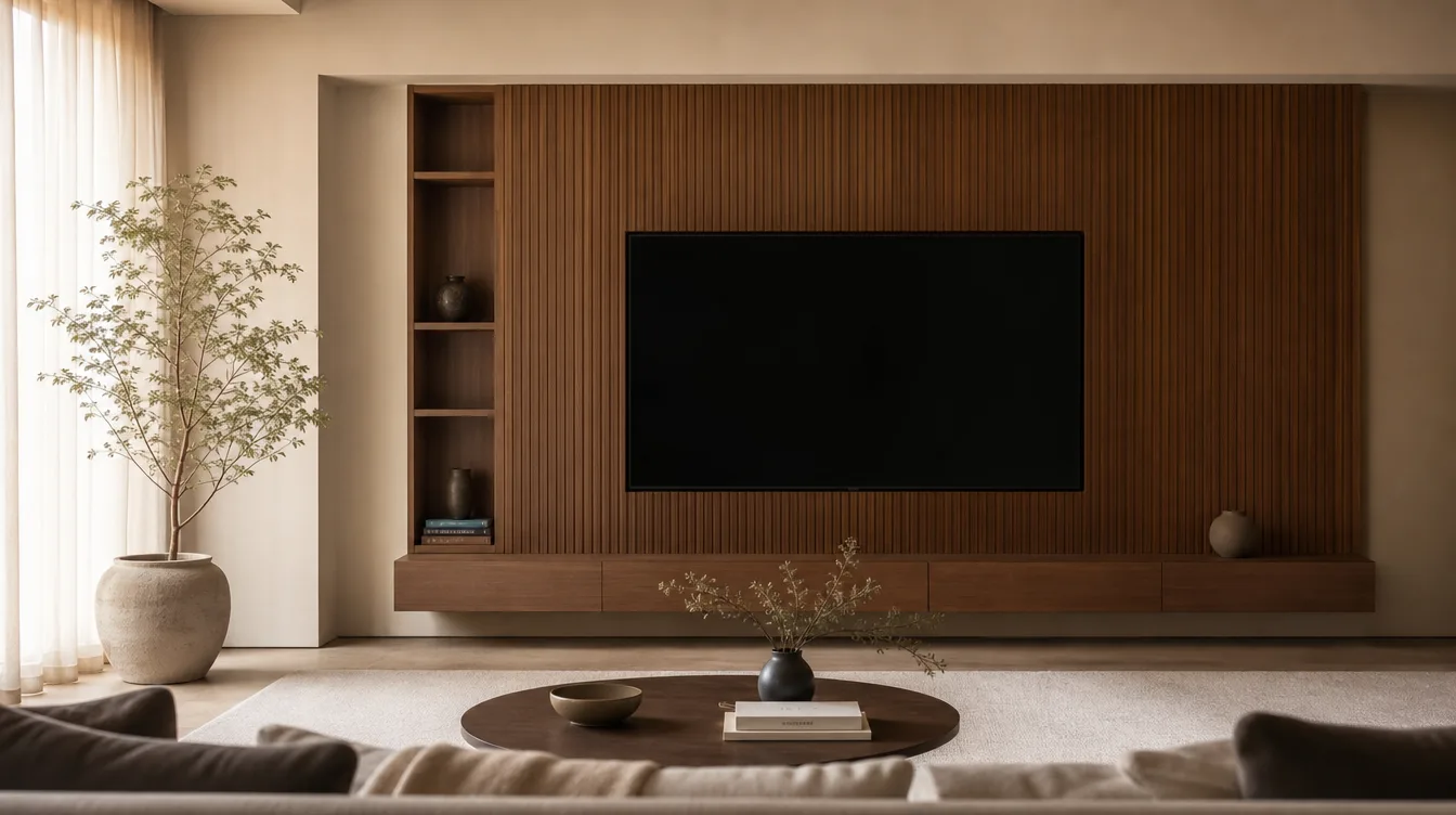 Japandi cinewall met een houten lattenwand in walnoot en een ingebouwde televisie zonder zichtbare kabels