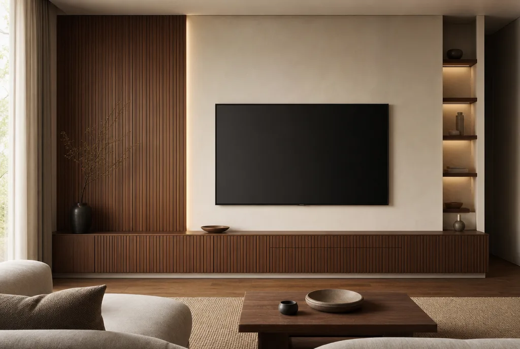 Cinewall met de tv op ooghoogte en kabels weggewerkt achter het paneel